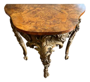 Antique Italian Carved & Gilt Decorated Marquetry Floral Inlay Top Console Hall Table