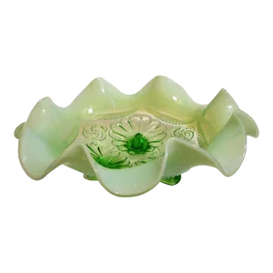 Antique Green Opalescent Ruffled Footed Bowl