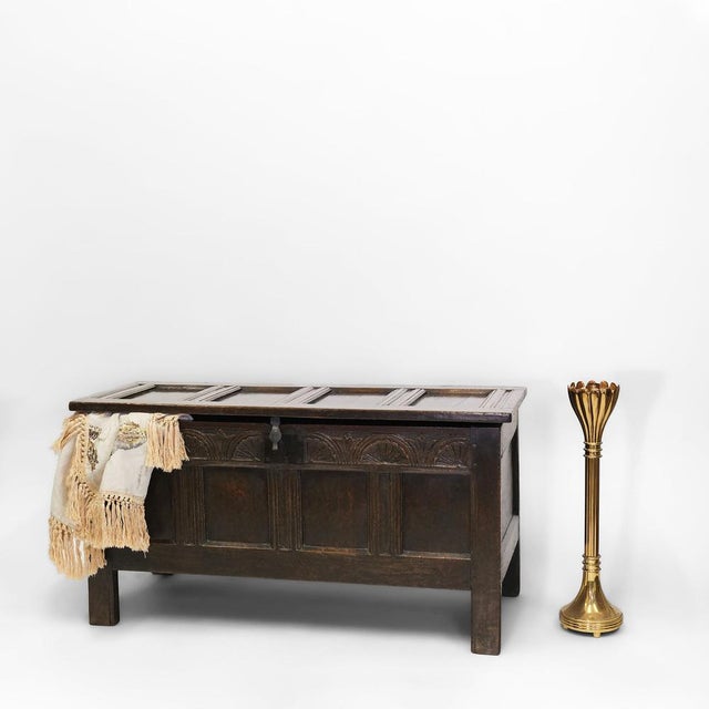 Late 17th‑century English oak coffer. Charles II period. Circa 1680. The coffer having a four panel front, framed in...