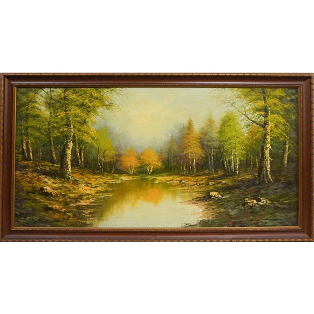 American School, 20th Century, River Side Landscape, Oil on Canvas Painted frame Measures 52.5" in width and 28.5" in height.