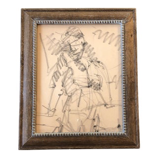 Original Vintage Female Nude Abstract Charcoal Study Drawing Modernist Wood Frame For Sale