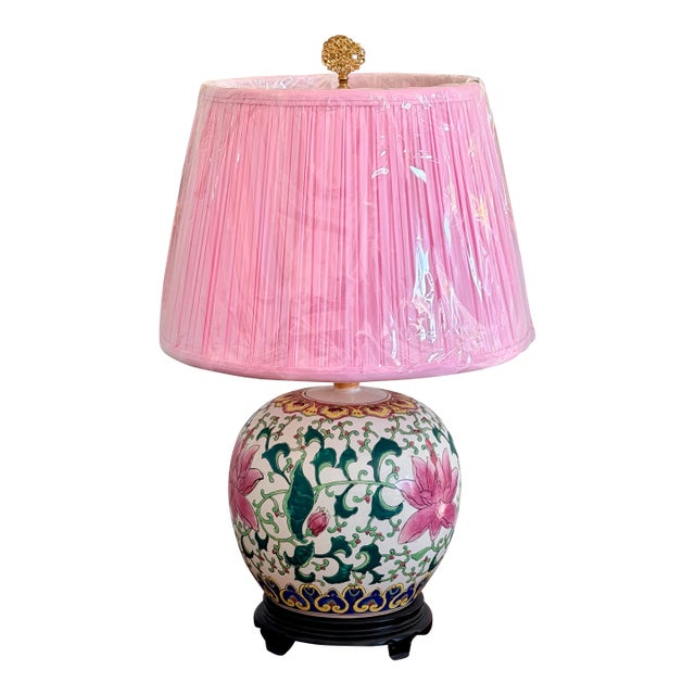 1960s Chinoiserie Ginger Jar Lamp With Pink and Green Floral Design and Pink Shade For Sale
