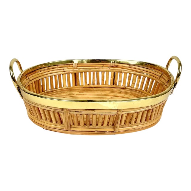 Midcentury Rattan & Brass Centerpiece Basket, Italy, 1970s For Sale