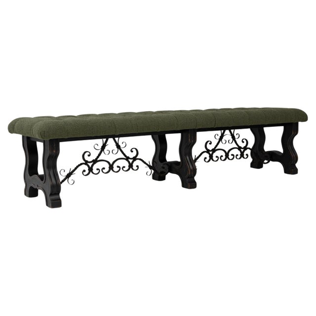 20th Century Spanish Wooden And Metal Bench With Upholstered Seat For Sale - Image 15 of 18