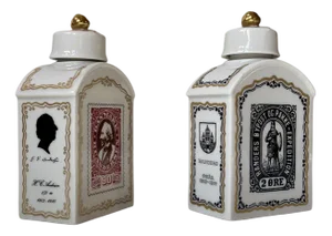 Vintage Porcelain Tea Caddies with Historical Danish Stamps, 1980s, Set of 2