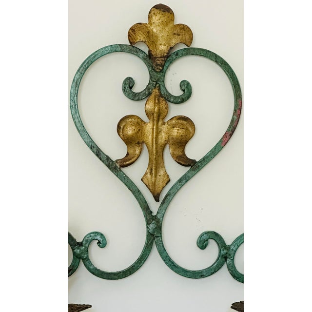 Italian Single 2 Bulb Tole Toleware Italian Gilt and Verdigris Sconce , Italy For Sale - Image 3 of 11