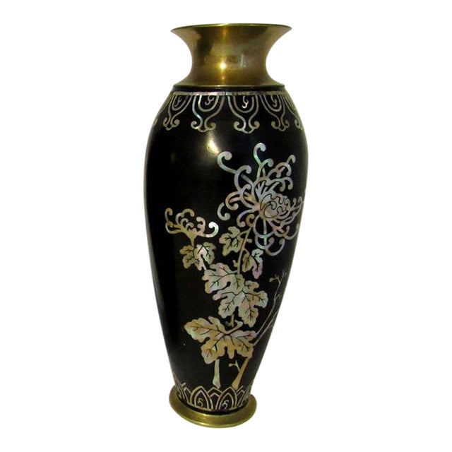 Vintage Korean Brass Bullet Casing Vase With Black Lacquer Mop Overlay