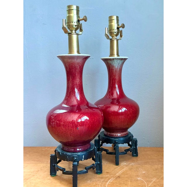 Mid 20th Century Vintage Sand De Bouf Glazed Ceramic Lamps - A Pair For Sale - Image 5 of 12