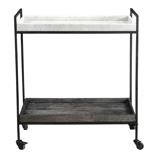 Marble & Wood Tray Iron Bar Cart For Sale