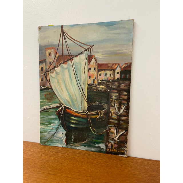 Vintage Impressionist Harbor Scene Painting on Canvas Board, Signed Ferguson, Coastal Sailboat Seascape For Sale - Image 4 of 8