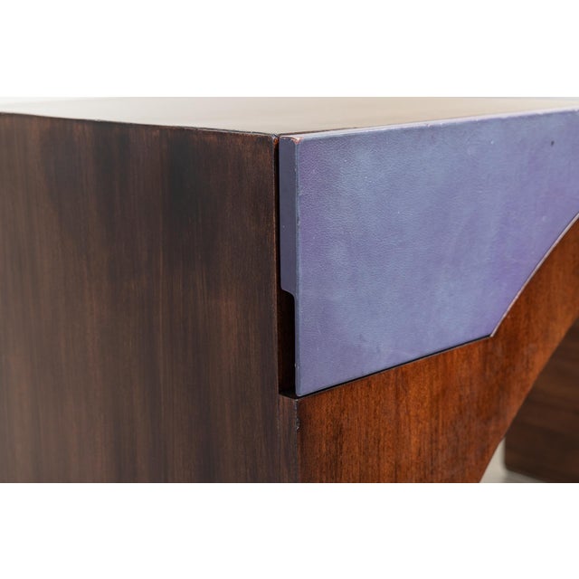 French Postmodern Dressing Table in Walnut Wood and Lilac Leather., 1980s For Sale - Image 6 of 16