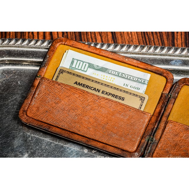 Metal Luxurious Hand Made Antique Ostrich Leather Wallet Art Deco With 14k Gold PWM Monogram Plaque For Sale - Image 7 of 9