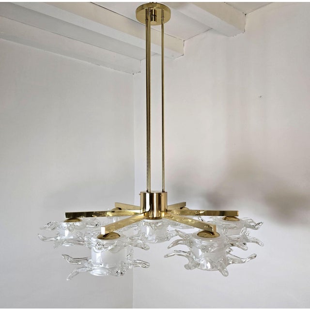 Metal 1990s Mid Century Modern Murano Glass and Brass Chandelier For Sale - Image 7 of 15