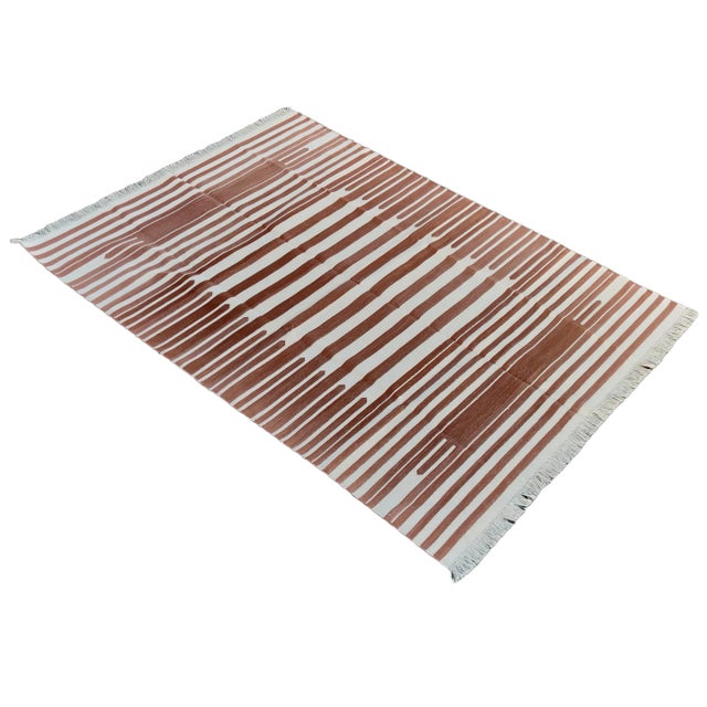 Mid-Century Modern Handmade Cotton Natural Vegetable Dyed Flat Weave Reversible Tan and White Striped Rug - 6'x9' For Sale - Image 3 of 11