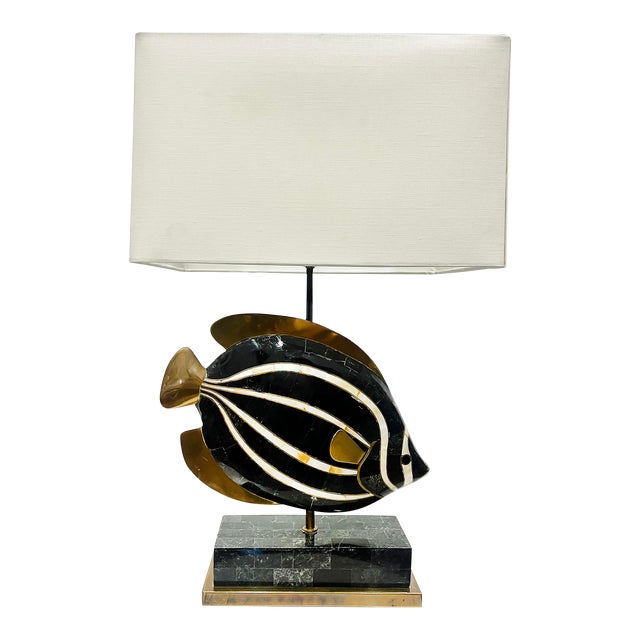 Vintage Maitland Smith Tessellated Fish Lamp in Stone, Abalone, and Brass For Sale