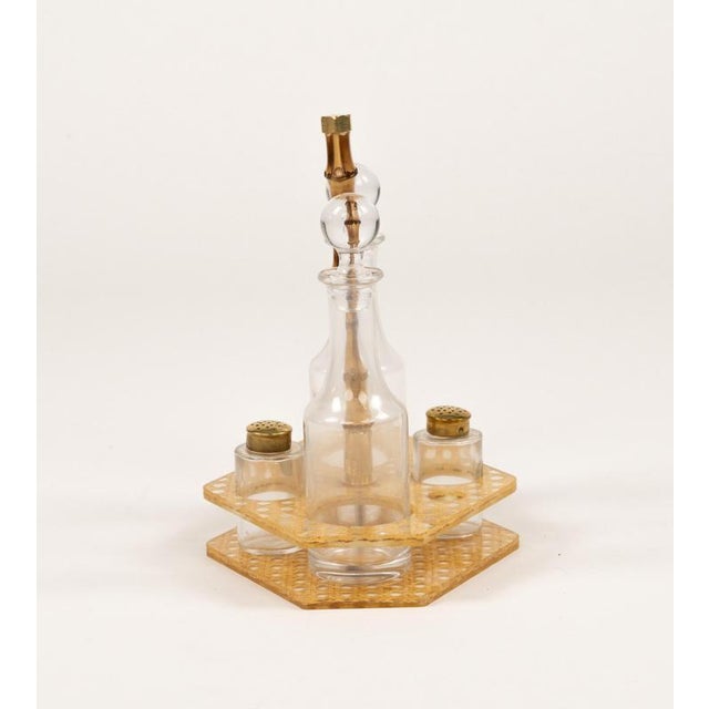 Condiment Set in Acrylic Glass, Wicker and Brass in the style of Christian Dior, Italy, 1970s, Set of 5 For Sale - Image 10 of 12