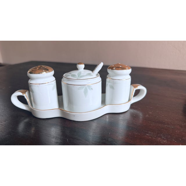 Antique, Early 20th Century Noritake Japan Azalea porcelain six-piece condiment boat set. Includes the boat/dish, salt and...