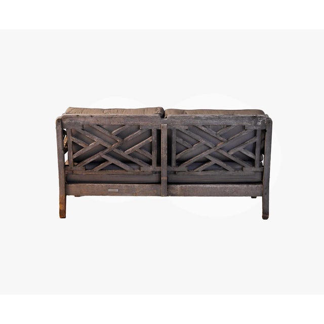 Vintage Restoration Hardware teakwood bench with cushions. Teakwood is driftwood in tonality.