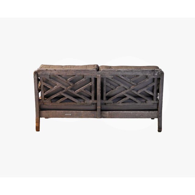 Vintage Restoration Hardware teakwood bench with cushions. Teakwood has an aged driftwood tone. Structurally sound.