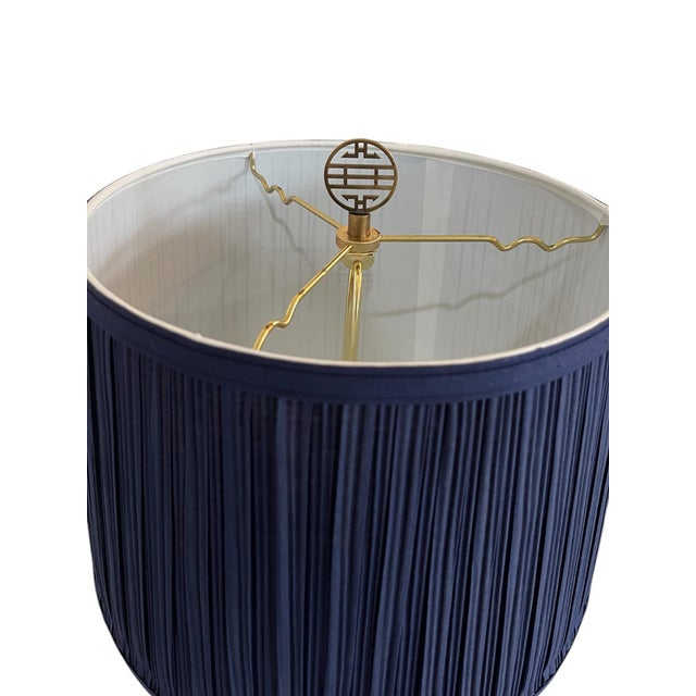 Navy Blue Late 20th Century Extra Large Brass Urn Lamps With Navy Pleated Shades - a Pair For Sale - Image 8 of 11