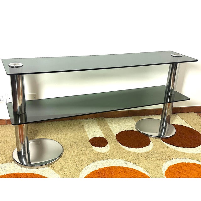Metal Console Table in Chromed Steel with Smoked Glass, 1970s For Sale - Image 7 of 15