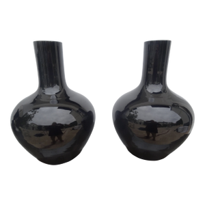 Late 20th Century Mirror Black Bottle Vases - a Pair