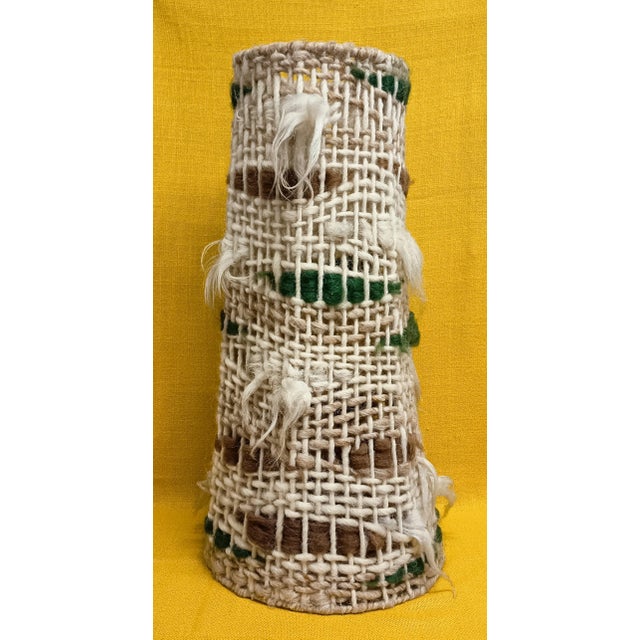 Tall conical 1970's shade for a floor lamp (70 cm tall). Woollen fibres in various colours and textures cross weave around...