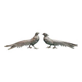 Vintage Pair of Metal Chinese Pheasant Sculptures- A Pair For Sale