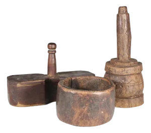 Antique Swedish Spice Box, Plunger and Wooden Bowl, Set of 3