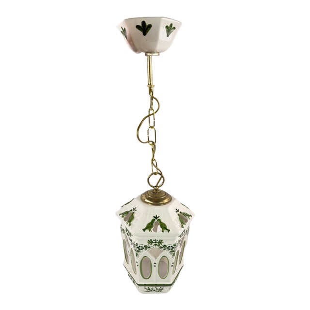 Vintage French Ceramic Pendant Light With Hand-Painted Green Birds For Sale