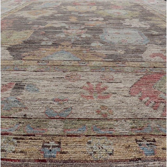 Early 21st Century Large Floral Designed Modern Oushak on a Brown-Gray Field and Cream Border For Sale - Image 5 of 12