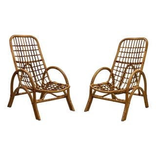 Set of Rattan and Bamboo Armchairs, 1970s For Sale