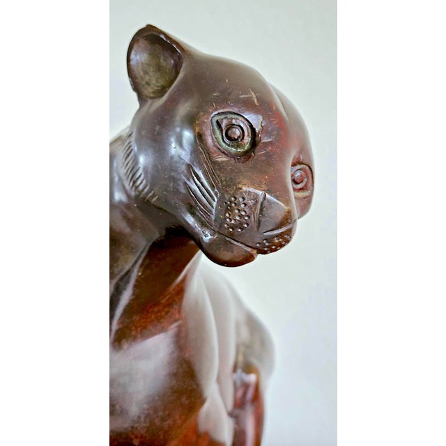 Burgundy Art Deco Style Patinated Bronze Charging Panther Sculpture on Tiered Base – Hollywood Regency Statement Piece For Sale - Image 8 of 17