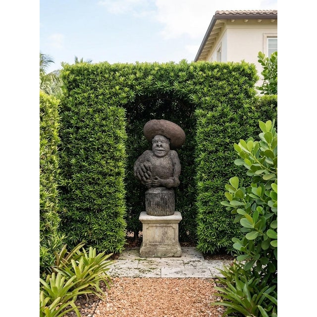 Vintage Hand-Carved Volcanic Stone Whimsical Monkey With Sombrero & Bananas Garden Statue For Sale - Image 11 of 12