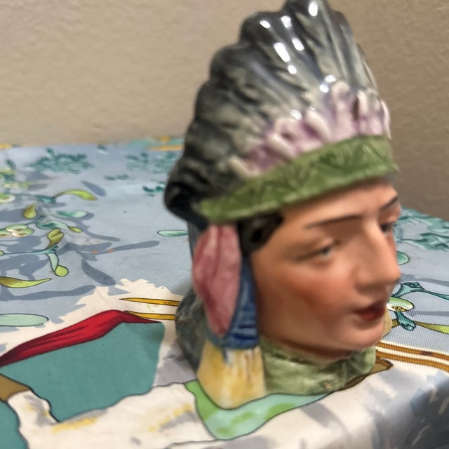 Antique Figural Majolica Native American Chief Tobacco Humidor Jar, Circa 1910 For Sale - Image 4 of 11