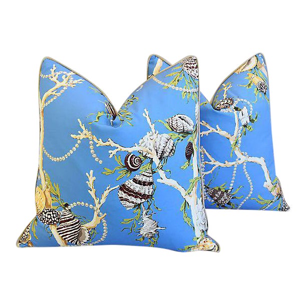 Designer Nautical Blue Coral Shells Feather Down Pillows 26