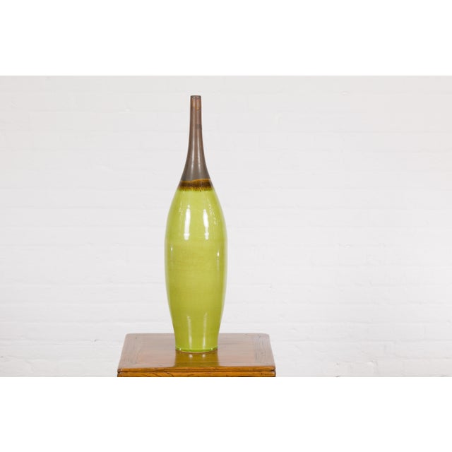 Contemporary Early 21st Century Artisan Handmade Lime Green Glazed Ceramic Vase with Brown Neck For Sale - Image 3 of 12
