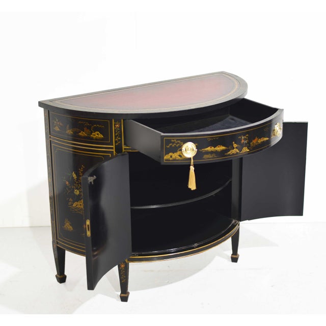 Wood Mid Century French Chinoiserie Leather Top DemiLune Commode - Single Unit For Sale - Image 7 of 9