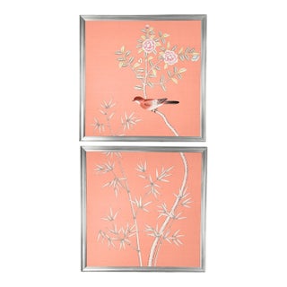Blush Pink Chinoiserie Silk Wallpaper Panel Diptych "Bird & Bamboo" Framed in Silver Leaf, a Pair For Sale