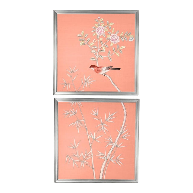 Blush Pink Chinoiserie Silk Wallpaper Panel Diptych "Bird & Bamboo" Framed in Silver Leaf, a Pair For Sale