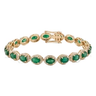 Luxury 8.55ct Emerald Diamond Halo Vintage Tennis Bracelet 18k Yellow Gold For Sale