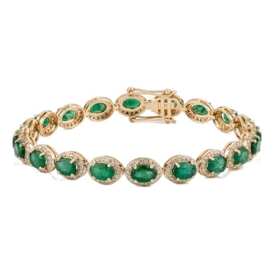 Luxury 8.55ct Emerald Diamond Halo Vintage Tennis Bracelet 18k Yellow Gold For Sale