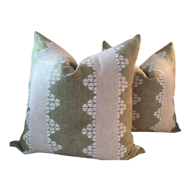 Contemporary Thibaut “Dhara Stripe” in Soft Olive Pillows- a Pair For Sale