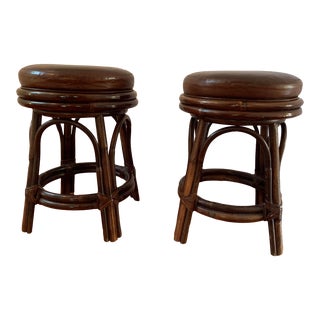 Transitional Palecek Rattan Swivel 24" Counter Stools With Espresso Leather Cushions - a Pair For Sale