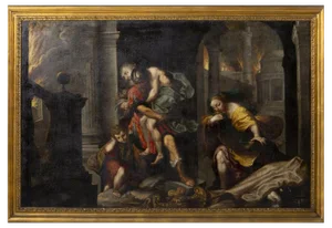 Federico Barocci after Willem Van Mieris, Aeneas Flees from Burning Troy, Oil on Canvas, Framed