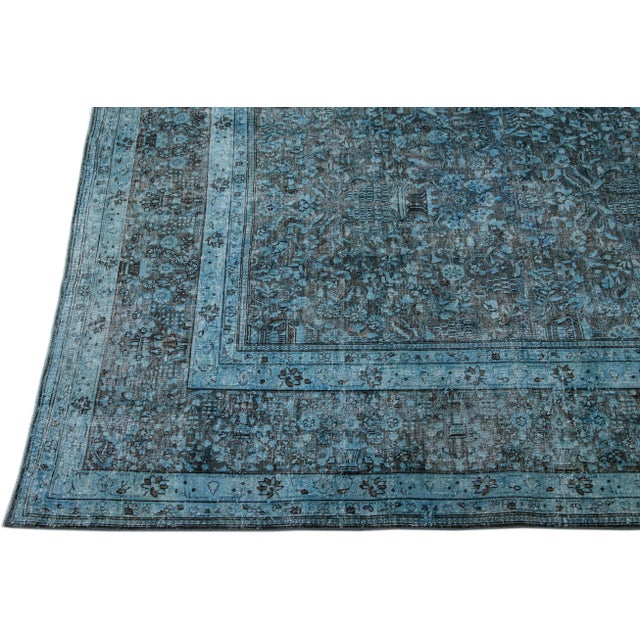 Vintage Persian Overdyed Handmade Floral Blue Wool Rug For Sale - Image 4 of 11
