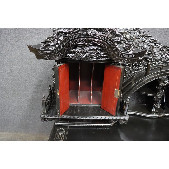 Highly Carved Chinese Dragon Black Lacquer Writing Desk / Secretary Desk For Sale - Image 9 of 15