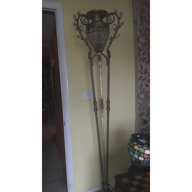 1980's 74" Hollywood Regency Style Silvered & Gilt Patinated Iron With Cut Crystal "Urn on Pedestal" Form Floor Lamp/ Torchiere For Sale - Image 11 of 12