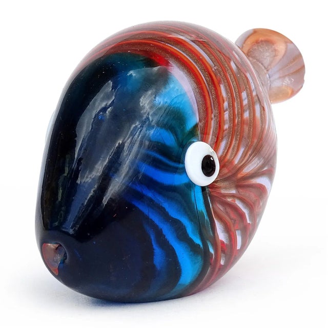 Beautiful vintage Murano hand blown Sommerso blue, red-orange and aventurine stripe pattern Italian art glass fish...