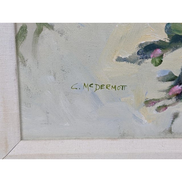 An elegant original oil painting by award-winning American artist Carole McDermott, depicting cascading pink and white...